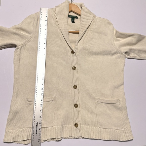 Lauren Ralph Lauren Women's Cardigan Ivory Ribbed Trim Patch Pockets Collared - Picture 7 of 9